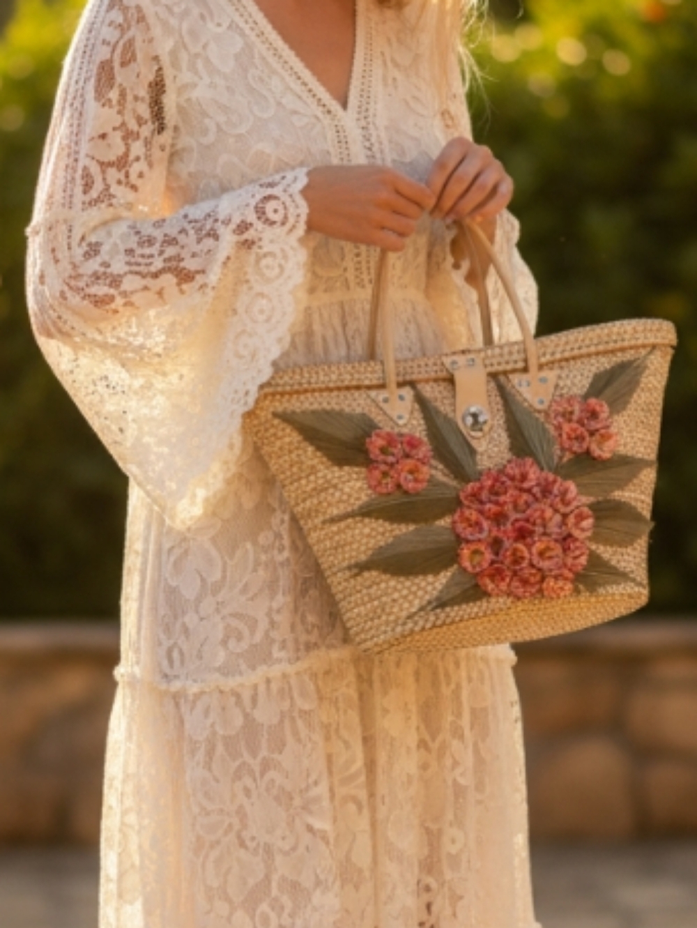 Vintage Woven Straw Tote with Pink Floral Appliqué